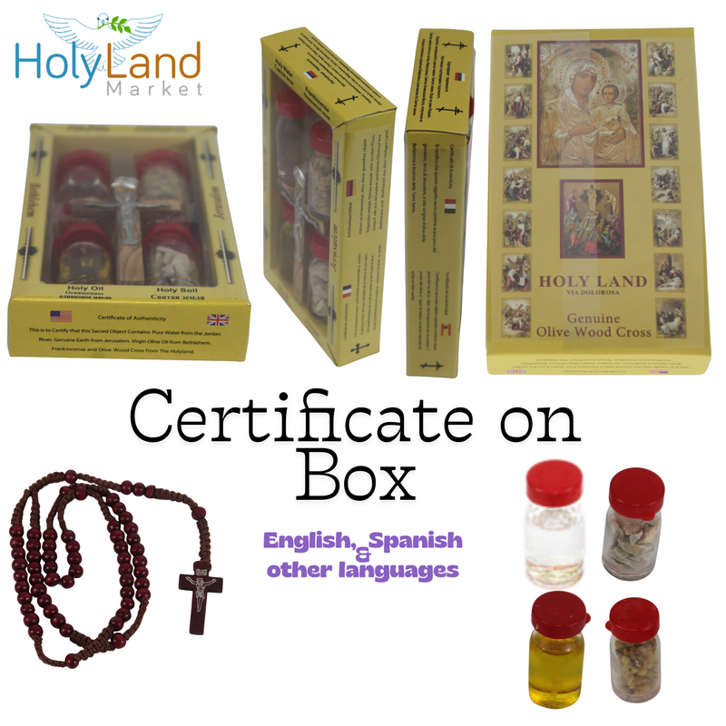 Holy Land Set 5in1 Olive Wood Cross Set with 3 Bottles - Oil, Jordan Water & Holy Earth