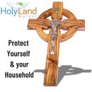 Holy Land Market 6" Celtic Olive Wood Wall Crucifix – Handmade in Bethlehem with Metal Saint Benedict Medal (Front & Back), Certificate, Prayer Card & Medal Explanation – Solid Olive Wood Cross