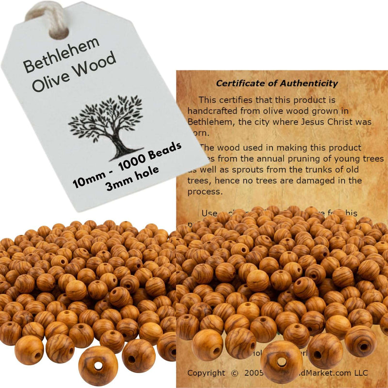 Holy Land Market Bethlehem 10mm Smooth Olive Wood Beads (1000-Piece Bag) – Hand-Carved by Christian Artisans – Natural Dried Olivewood for Rosaries, Jewelry Making & Crafts
