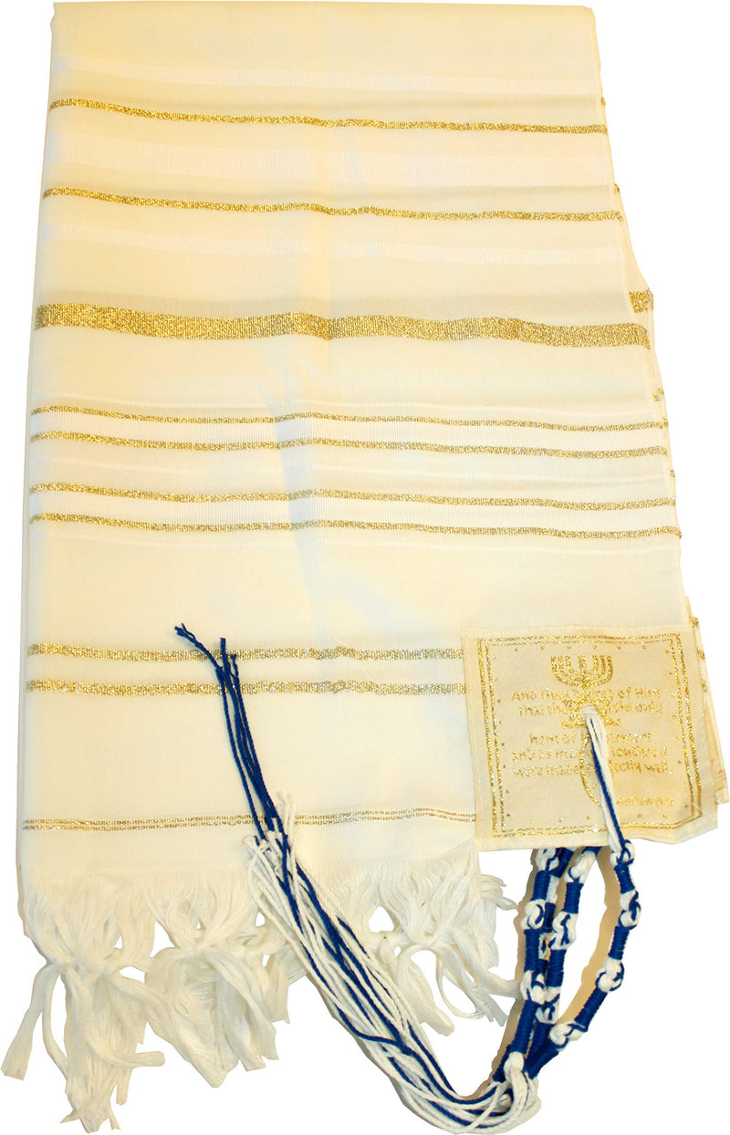 Holy Land Market Mens Messianic Shawl/Tallit - The Messiah Tallit (All White/Gold, 72x36 Inches)