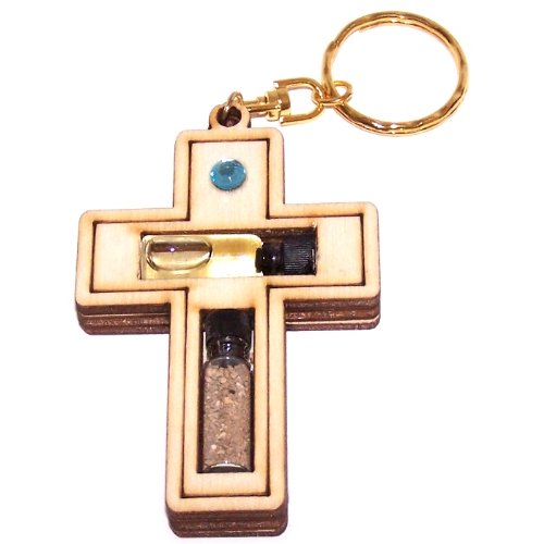 Holy Land Market Religious Samples Thick Large Cross Keys Ring (7.5 x 5 cm - 3 x 2 inches) Anointing Oil/Soil