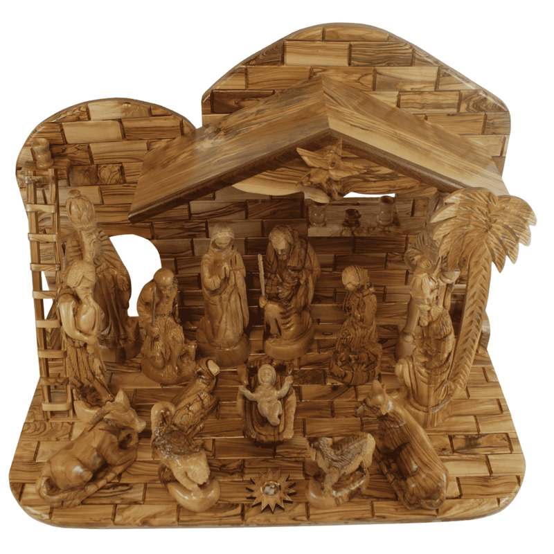 Conjunto de Pesebre de Madera de Olivo Extra Grande del Mercado de Tierra Santa - Tallado a Mano (15 Pulgadas de Ancho)