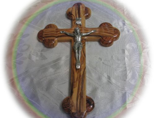 Nine Inch (9) Bethlehem Olive Wood Budded Cross and Crucifix with 14 Stations