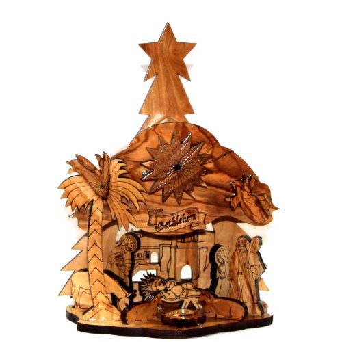 Holy Land Market Musical Olive Wood Nativity Carved by Laser with Incense from Jerusalem (20 cm or 8 inches)