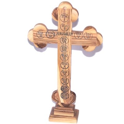 Meduim size Table Olive wood Crucifix with Holy Land samples