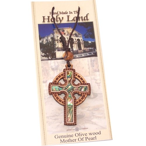 Celtic Olive wood Crucifix with Mother of Pearls (60cm / 23.5 inches, Cross is 5cm or 2 inches)