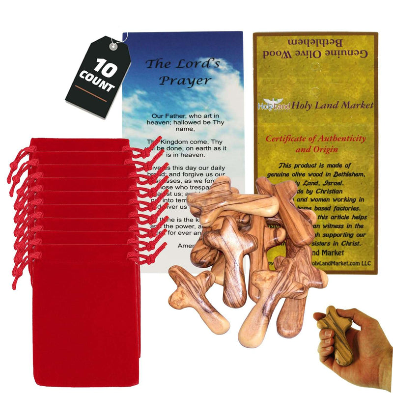 Ten Bethlehem olive wood comfort holding crosses with red velvet bags