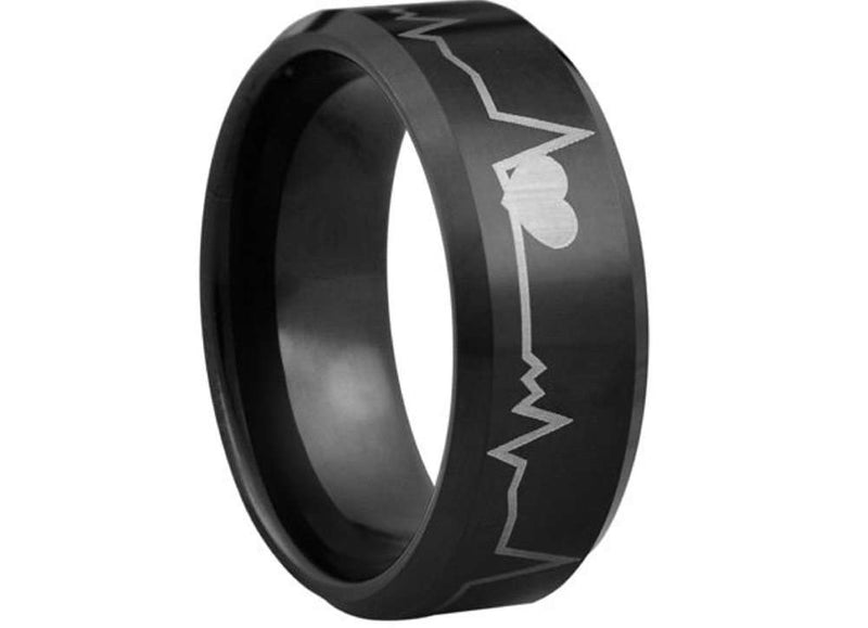 Anillo de tungsteno romántico - latido del corazón con revestimiento de IP negro de 18K - 8mm de ancho