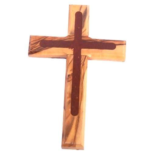 Holylandmarket Special Olive Wood - Two (2) Tones Cross (6.5 inches) Comes with Certificate