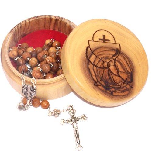 Olive Wood First Communion Gift Set - First Communion Box and Rosary from Bethlehem, the Holy Land