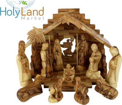 Holy Land Market Christmas Decorations Indoor - Inspirational Deluxe Olive Wood Nativity Set, Hand Carved by Christian Artisans in Bethlehem, Perfect Christmas Table Decor, 12 Piece Set