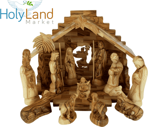 Holy Land Market Christmas Decorations Indoor - Inspirational Deluxe Olive Wood Nativity Set, Hand Carved by Christian Artisans in Bethlehem, Perfect Christmas Table Decor, 12 Piece Set