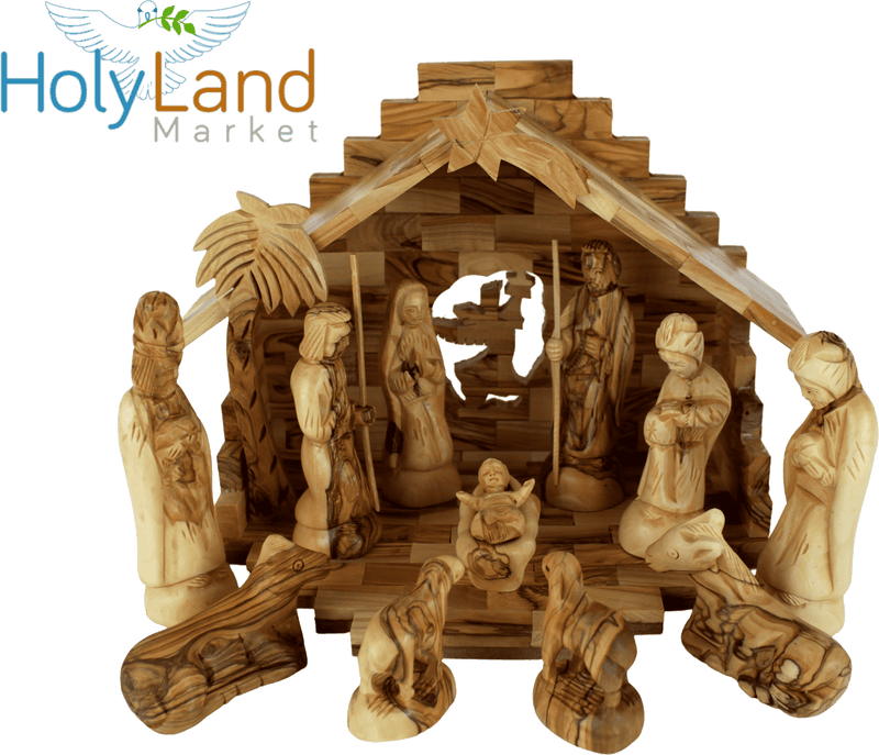 Holy Land Market Christmas Decorations Indoor - Inspirational Deluxe Olive Wood Nativity Set, Hand Carved by Christian Artisans in Bethlehem, Perfect Christmas Table Decor, 12 Piece Set