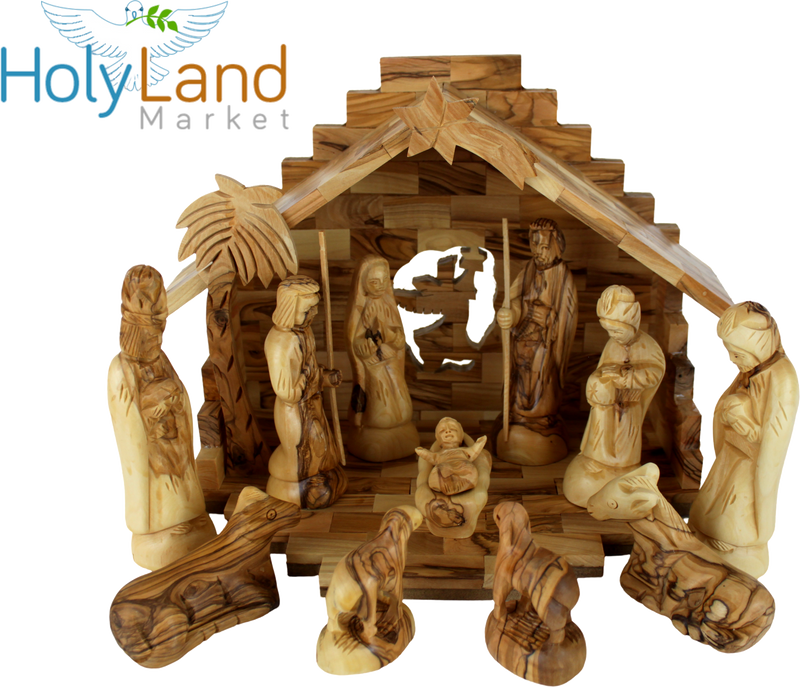 Holy Land Market Christmas Decorations Indoor - Inspirational Deluxe Olive Wood Nativity Set, Hand Carved by Christian Artisans in Bethlehem, Perfect Christmas Table Decor, 12 Piece Set