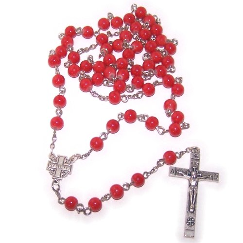 Red Glass beads Rosary - made with Alpaka silver tone ( 6mm beads - 19 inches )