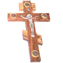 Crucifijo Patriarcal Ruso de Tres Barras de Madera de Olivo Mediano con Muestras de Tierra Santa. (20cm o 8 Pulgadas)