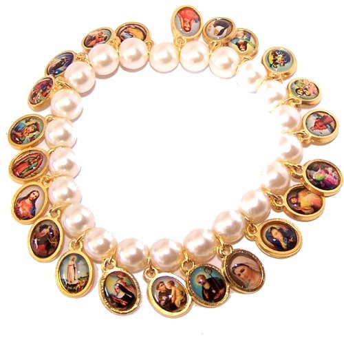 Pearl beads elastic bracelet with Saints icons (6cm or 2.36" is diameter inside circle when not expanded)