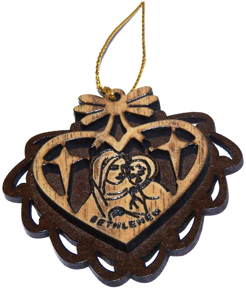 Two Layers Mahogany with Olive wood Mother Mary with Child Ornament gift carved by Laser - Olive wood - all carved inside a Heart (5.5 cm or 2.2 inch with certificate) and gold string