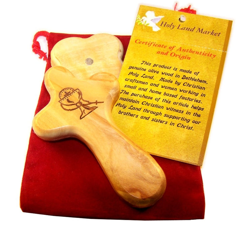 Holy Land Market Catholic Communion/Rosary - Hand or Table Cross. Package. Comes with Velvet Bag & Lord's Prayer Card - 4" Cross