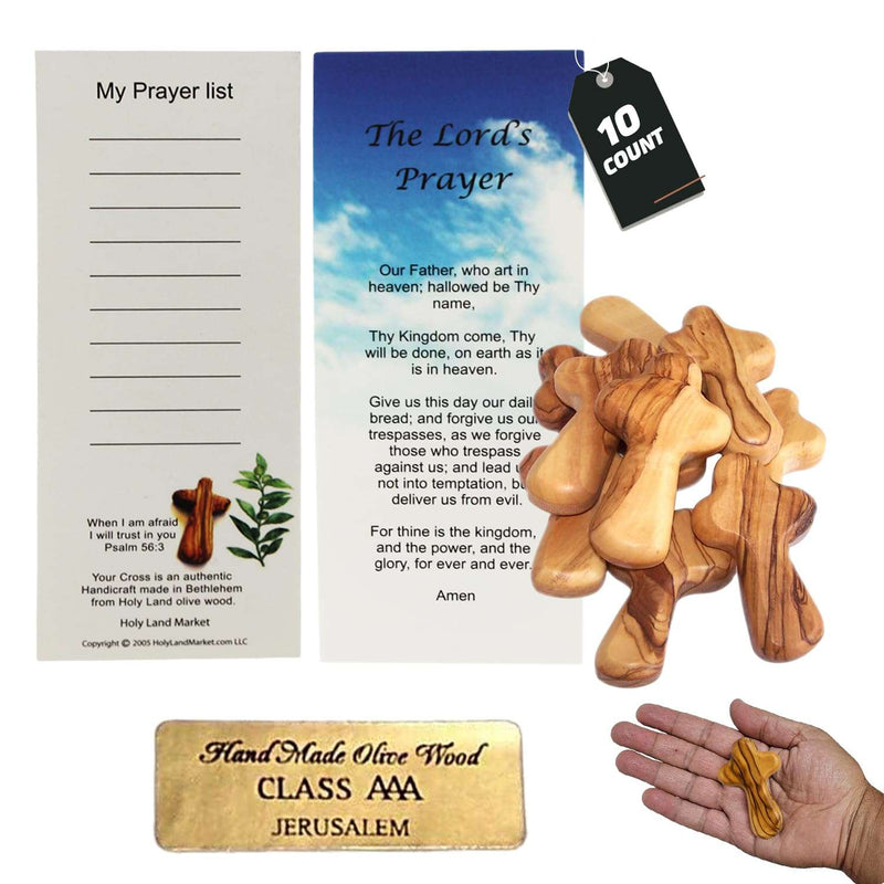 Stack of ten olive wood holding crosses beside prayer cards