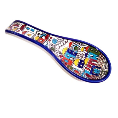 Armenian hand painted cooking Spoon Rest/Ladle Holder - Large with deep Round Cup part - Asfour Outlet Trademark