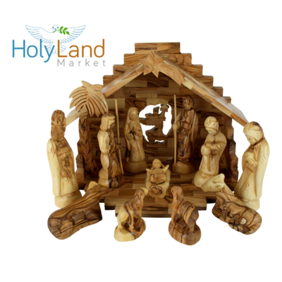 Holy Land Market Christmas Decorations Indoor - Inspirational Deluxe Olive Wood Nativity Set, Hand Carved by Christian Artisans in Bethlehem, Perfect Christmas Table Decor, 12 Piece Set