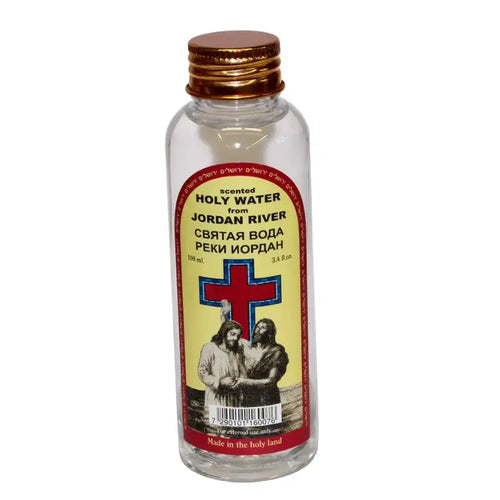 Agua Bendita Aromatizada del Río Jordán - 100 ml (3.4 fl. oz.) Bautismo de nuestro Señor con modelo de Cruz Roja