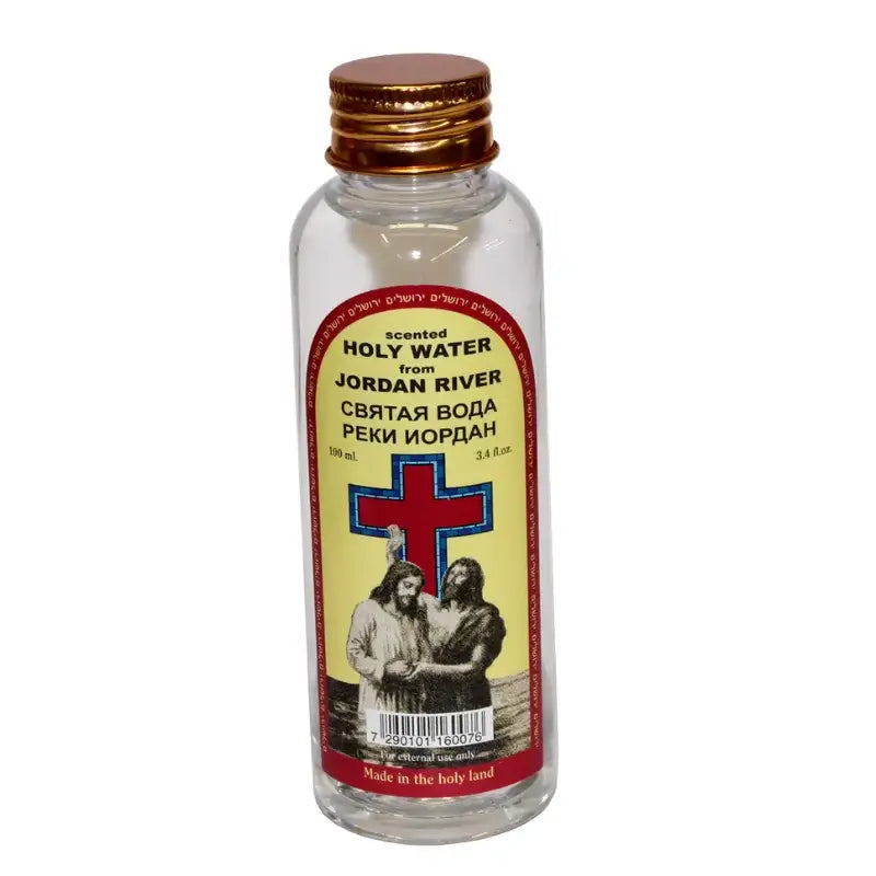 Agua Bendita Aromatizada del Río Jordán - 100 ml (3.4 fl. oz.) Bautismo de nuestro Señor con modelo de Cruz Roja