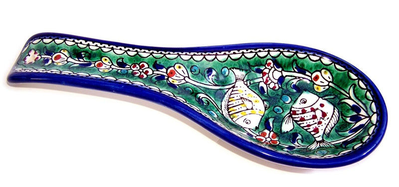 Armenian hand painted cooking Spoon Rest/Ladle Holder - Large with deep Round Cup part - Asfour Outlet Trademark