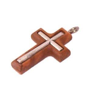 Olive wood Cross with Embedded pewter Cross - Latin (3cm - 1.2") - 5mm thick