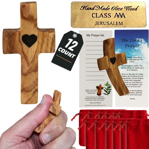 Set of 12 Olive Wood pocket worry crosses from Bethlehem with certificate and velvet pouch #character_Olive Wood #count_12