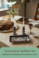 Holy Land Market Shabbat Candlesticks Set - Colorful Ceramic Shabbat Candle Holders Set with Matching Plate for Holidays