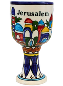 Holy Land Market Armenian Ceramic Wine Goblet – Jerusalem City Walls & Old City Design – Large 13.5 oz Hand-Painted Cup for Communion or Shabbat Kiddush – 6.5 Inch