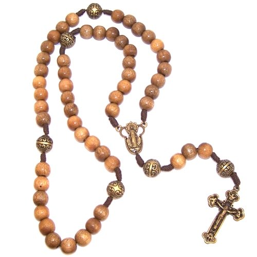 A Wooden Rosary with a Bronze tone center and a special Crucifix (10mm beads ...