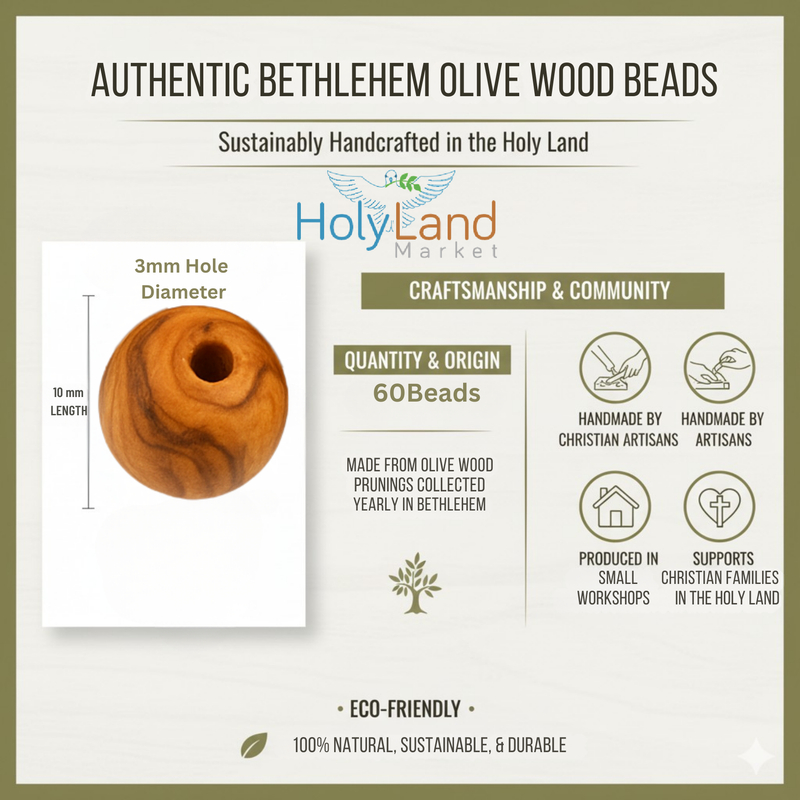Holy Land Market Bethlehem 10mm Smooth Olive Wood Beads (60-Piece Bag) – Hand-Carved by Christian Artisans – Natural Dried Olivewood for Rosaries, Jewelry Making & Crafts