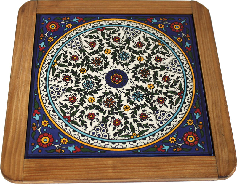 Holy Land Market Extra Large Ceramic Coaster Trivet - Hot Plate - Shades of Blue Flowers ( 25cm or 9.75 Inches )