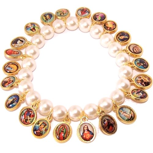 Pearl beads elastic bracelet with Saints icons (6cm or 2.36" is diameter inside circle when not expanded)