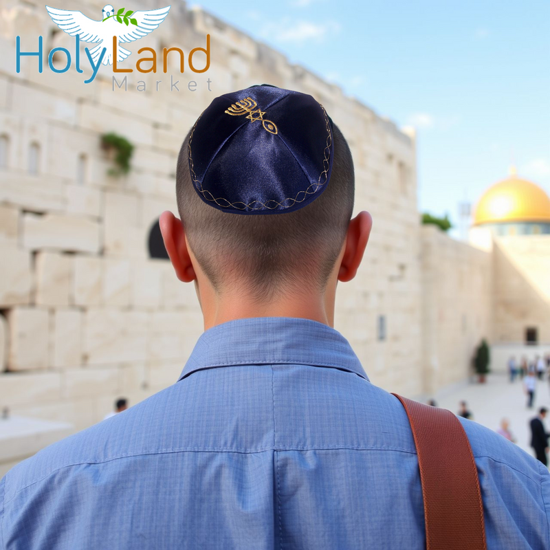 Holy Land Market Satin Kippah with Messianic Sign Embroidered
