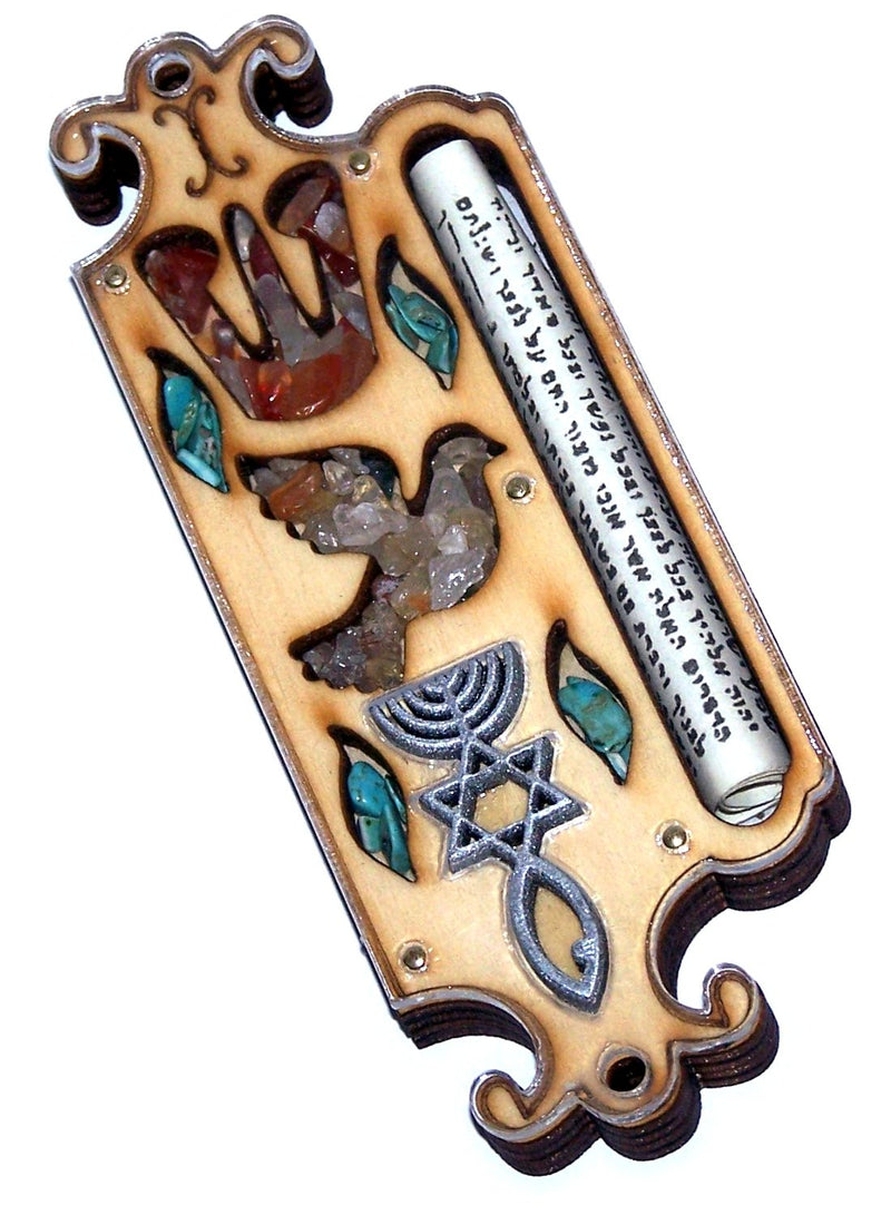 Wooden Messianic Seal Mezuzah case with Messianic Seal - 5 Inch with Scroll and Jerusalem Stones