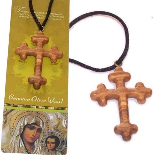 Collar de cruz de madera de olivo extra suavizada bizantina (2 pulgadas o 5 cm) - Longitud del collar es ajustable. Viene con certificado