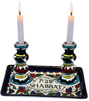 Holy Land Market Shabbat Candlesticks Set - Colorful Ceramic Shabbat Candle Holders Set with Matching Plate for Holidays