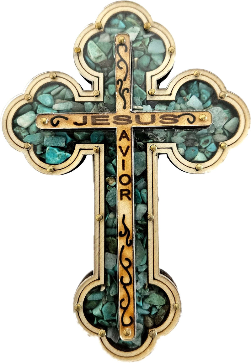 Cruz de Jesús Salvador Llenada con piedras semipreciosas de cornalina rojiza ardiente de la Tierra Santa