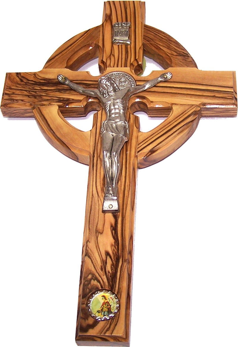 Celtic and St. Benedict Medal and Enamelled Saint Florian Medal Holy Land Handmade Wall Olive Wood Cross Crucifix - 10 Inches