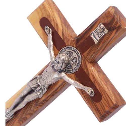 Holy Land Market Two Tone Saint Benedict Crucifix Olive Wood from Bethlehem with Top Grade Corpus and Saint Benedict Medal from Front and Back