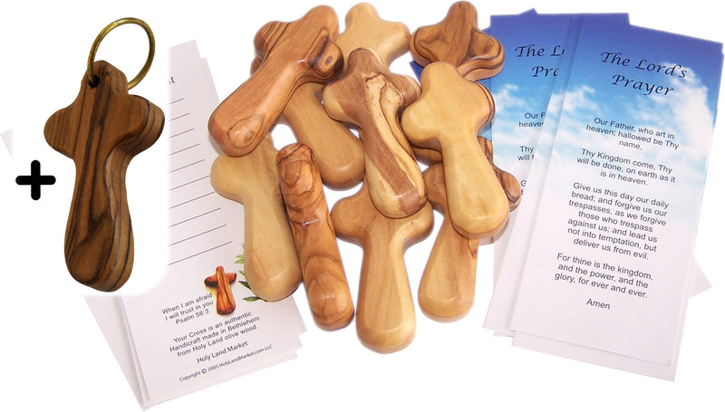 10 Small Olive Wood Pocket / Holding Crosses plus 1 Keychain