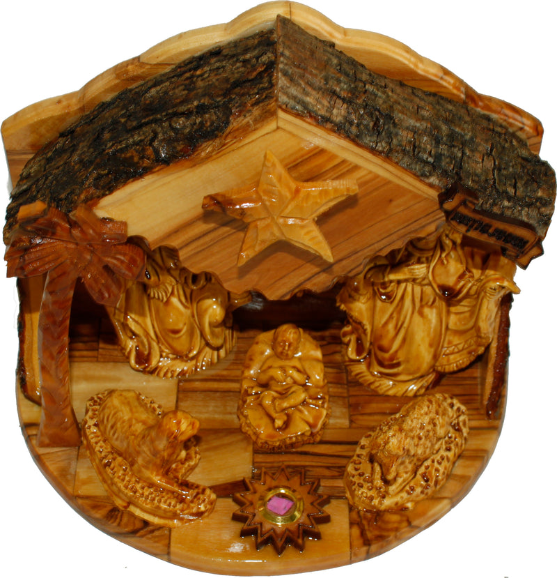 Holy Land Market Musical Olive Wood Nativity Set with Rustic Stable (Bark Roof) - Glued Alabaster Pieces