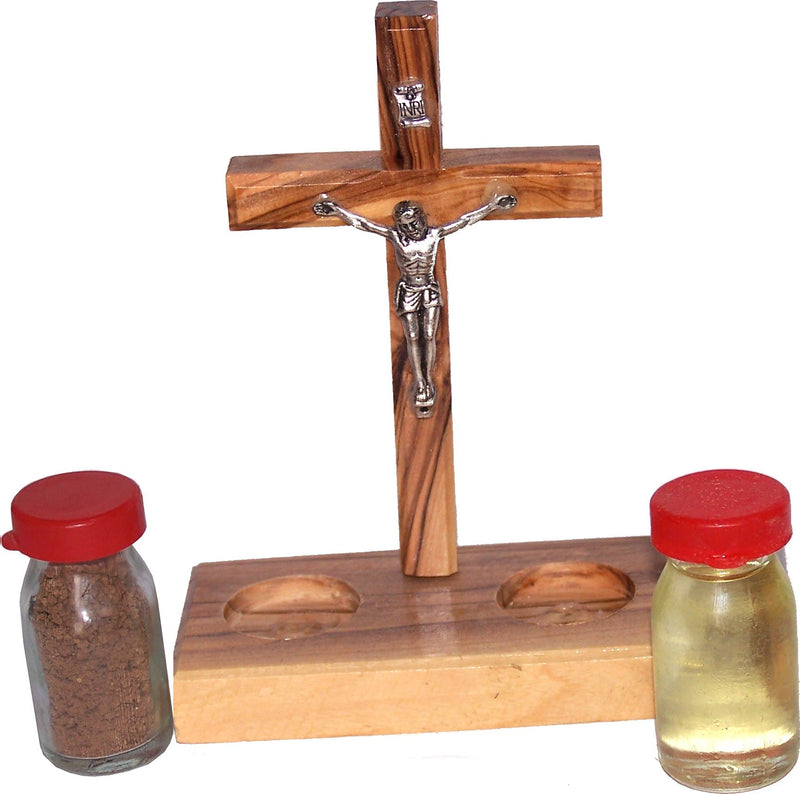 Holy Land Market Religious Samples with certificate and olive wood Table Crucifix