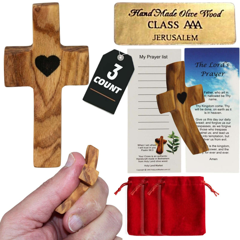 Set of 3 Olive Wood pocket worry crosses from Bethlehem with certificate and velvet pouch