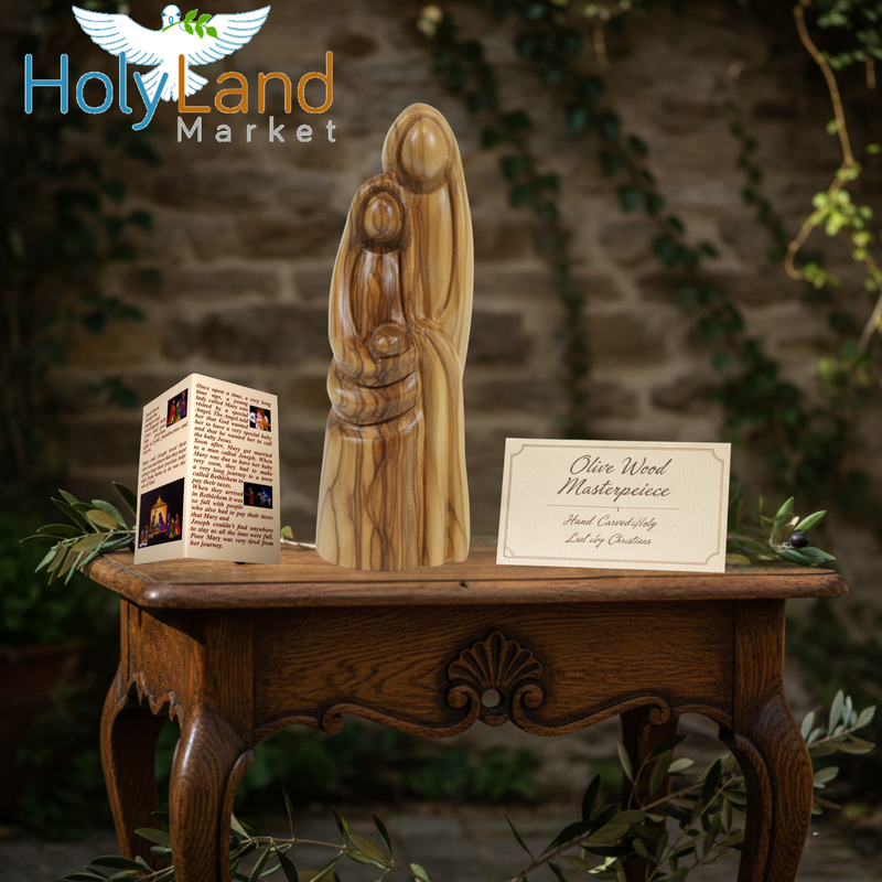 Holy Land Market Olive Wood Holy Family 6.8” – Bethlehem Hand-Carved Nativity Statue with Booklet, Certificate & Prayer Card – Christian Christmas Décor