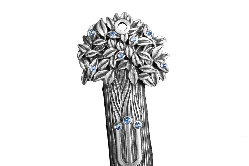 Holy Land Market Pewter Tree of Life with Blue stones Jeweled Mezuzah (3.5 Inches with scroll)
